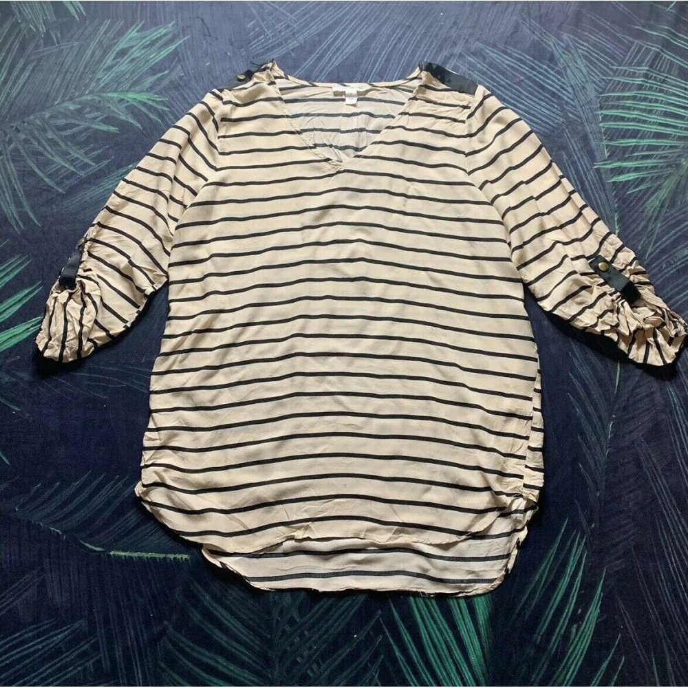Giorgio Sant Angelo Top Striped 3/4 Roll Tab Sleeve V-Neck High Low Blouse - S